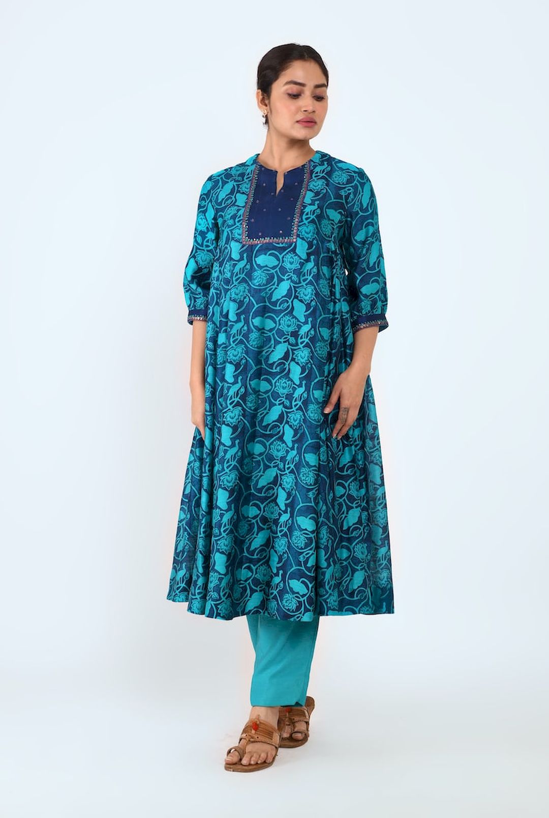 Rectangle Yoke Side Gather Kurta (Blue Printed) - Prashant Chouhan