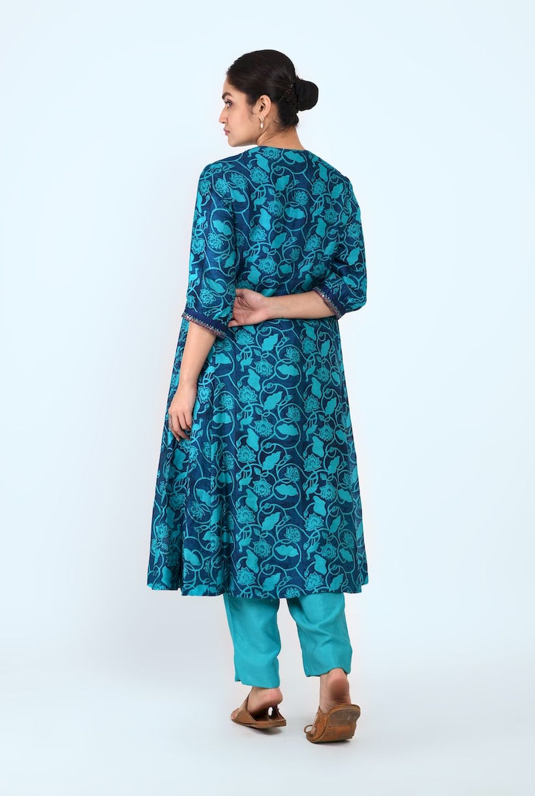 Rectangle Yoke Side Gather Kurta (Blue Printed) - Prashant Chouhan
