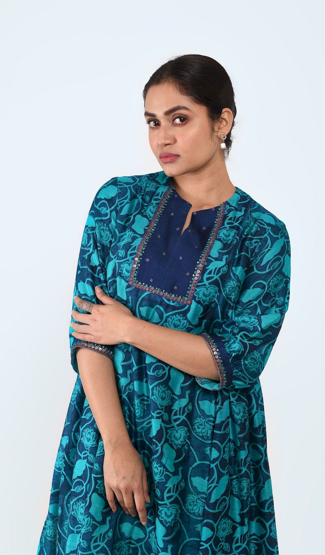 Rectangle Yoke Side Gather Kurta (Blue Printed) - Prashant Chouhan