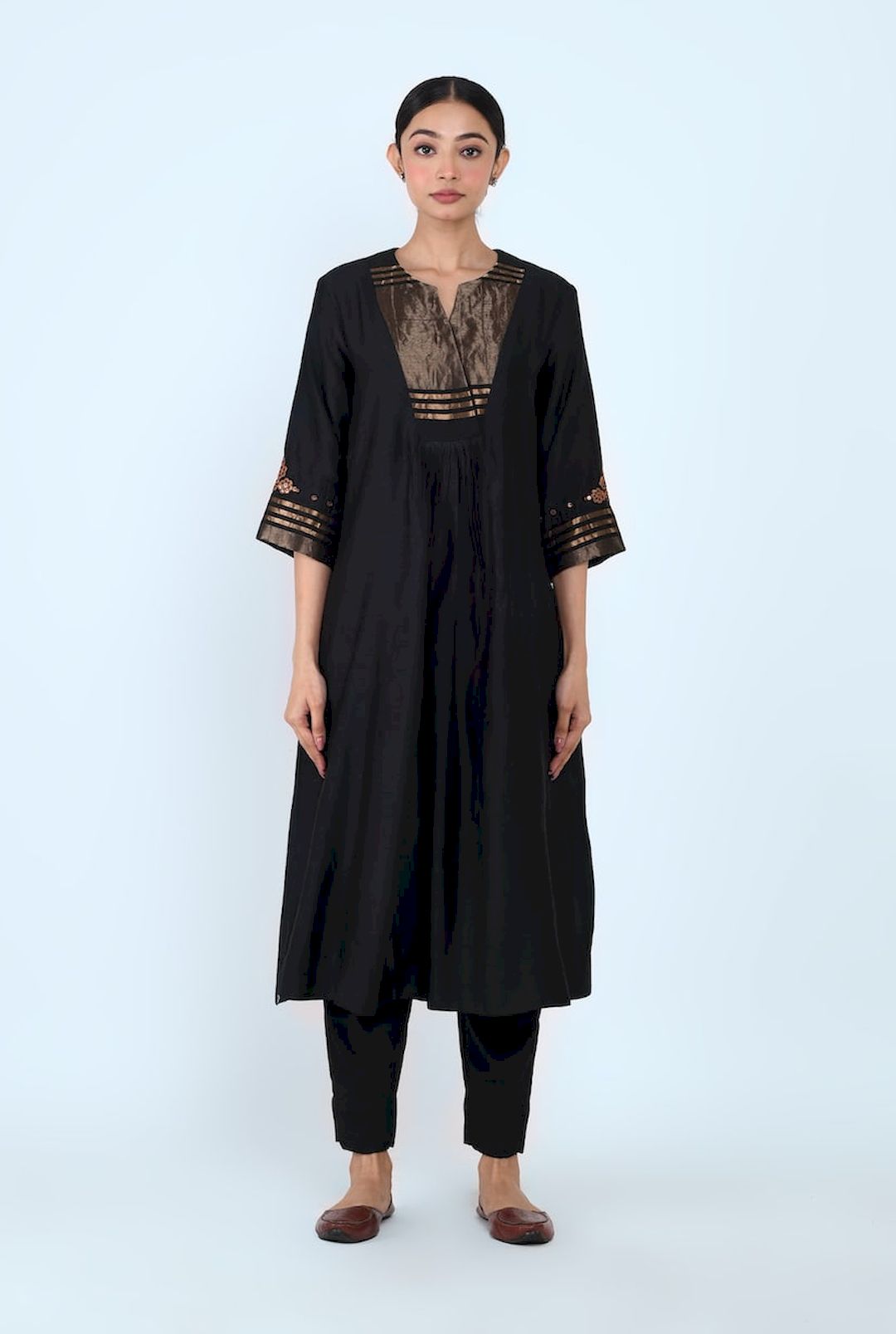 Overlap Yoke Gather Kurta (Black) - Prashant Chouhan