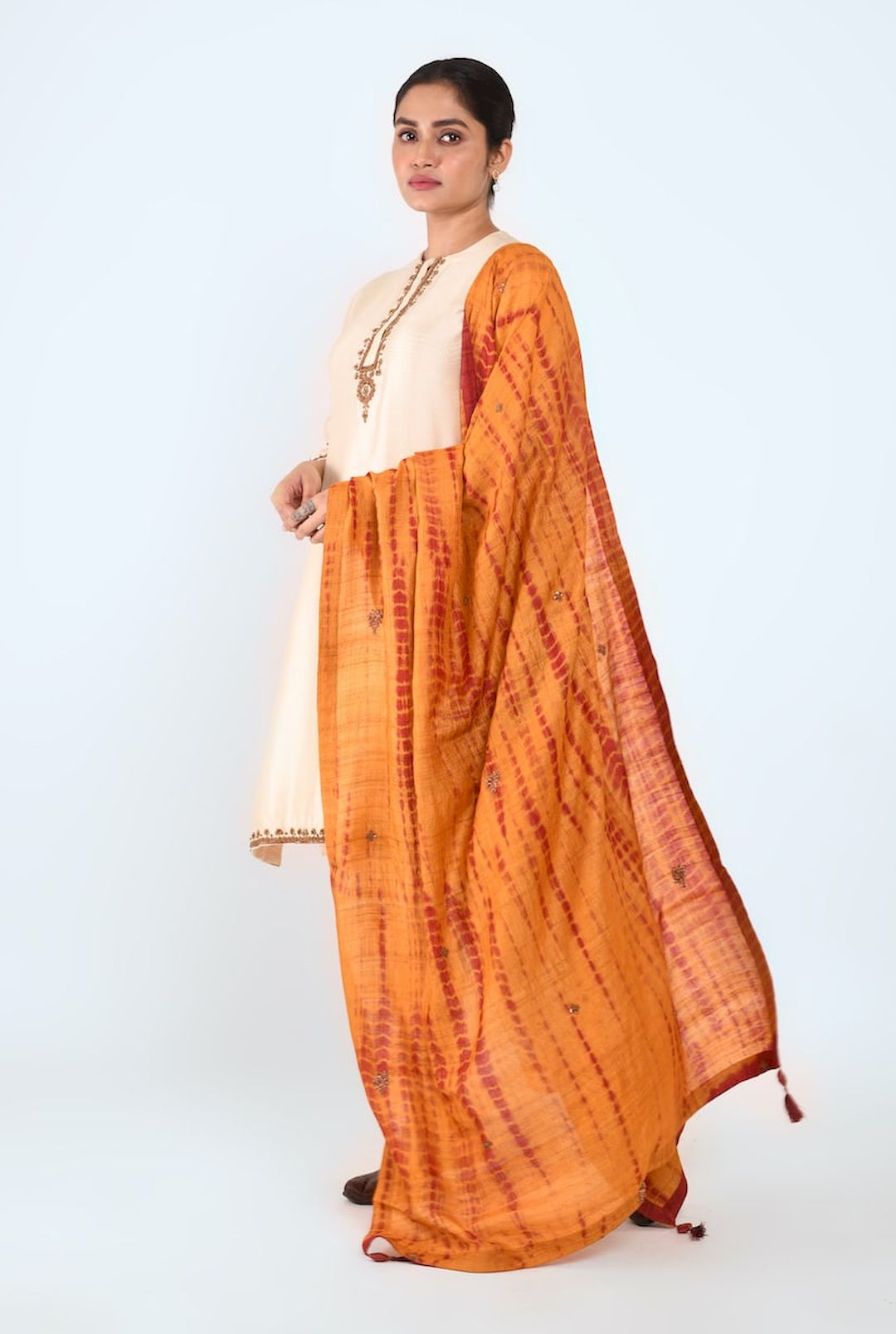 Tie And Dye Dupatta With Embroidery Bootas (Mustard/Maroon) - Prashant Chouhan