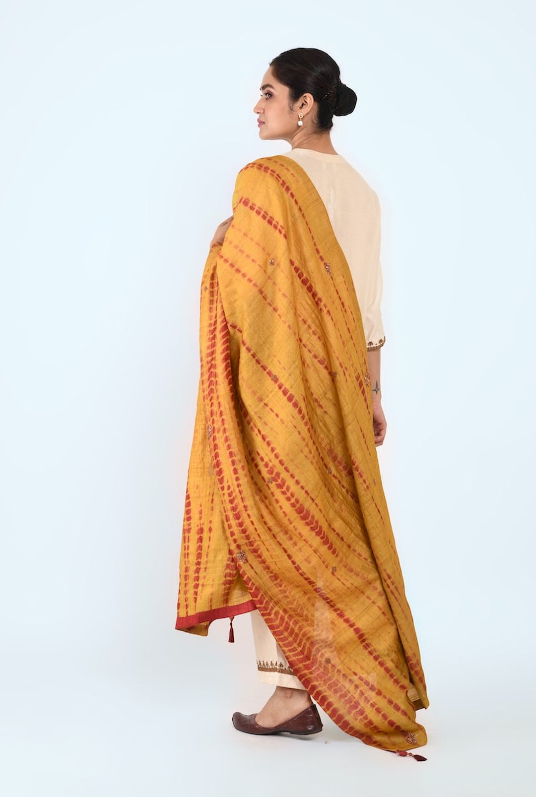 Tie And Dye Dupatta With Embroidery Bootas (Mustard/Maroon) - Prashant Chouhan