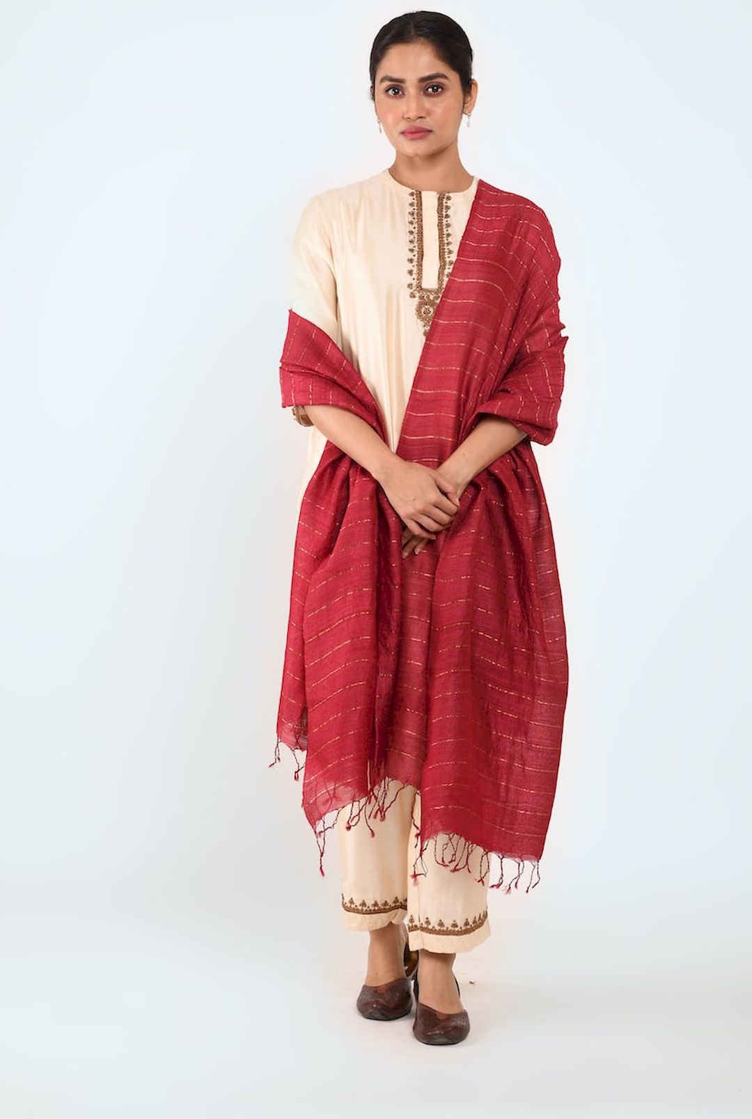 Maroon Zari Stripe Dupatta - Prashant Chouhan