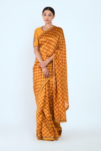 Printed Silk Sari With Blouse. (Mustard Printed) - Prashant Chouhan
