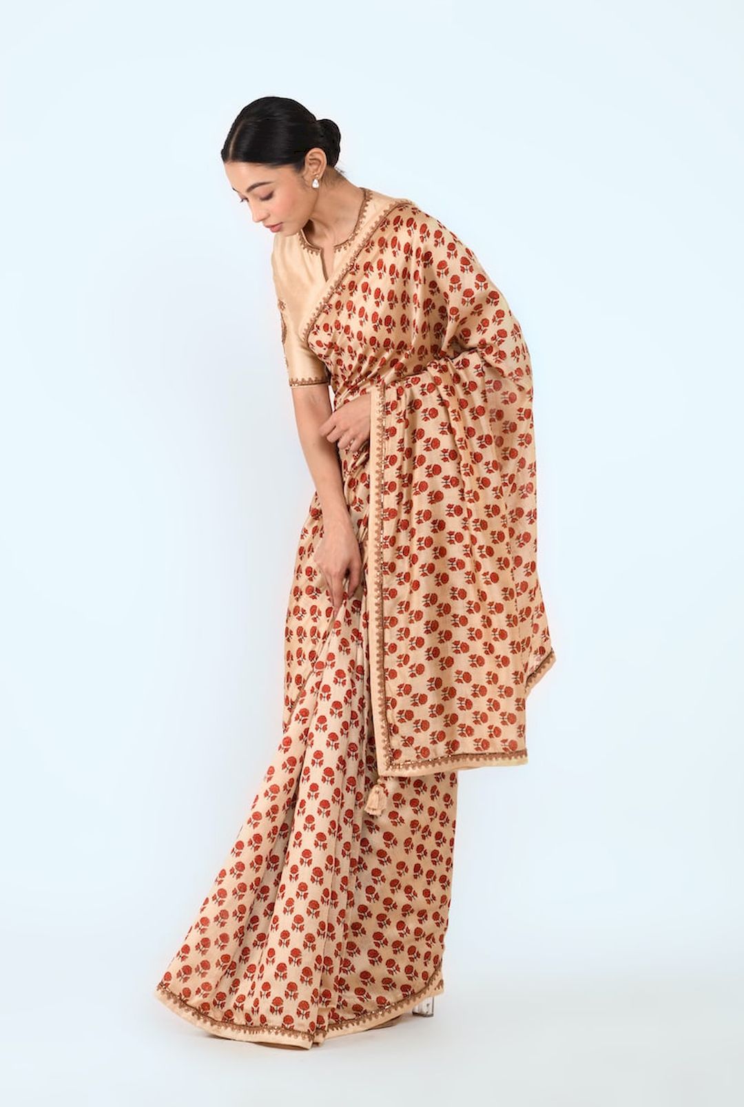 Printed Silk Sari With Blouse. (Beige Printed) - Prashant Chouhan