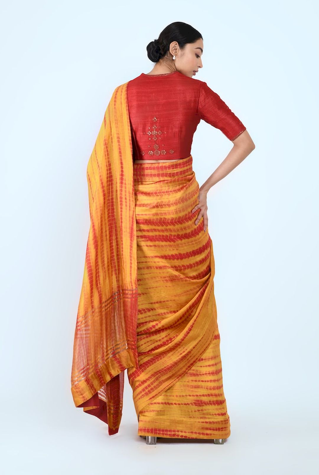 Tie And Dye Silk Sari (Mustard/Maroon) - Prashant Chouhan
