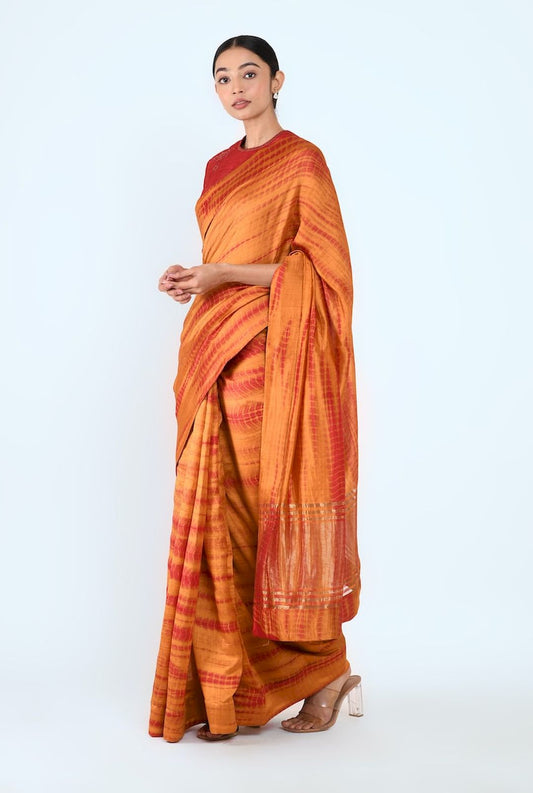 Tie And Dye Silk Sari (Orange/Maroon) - Prashant Chouhan
