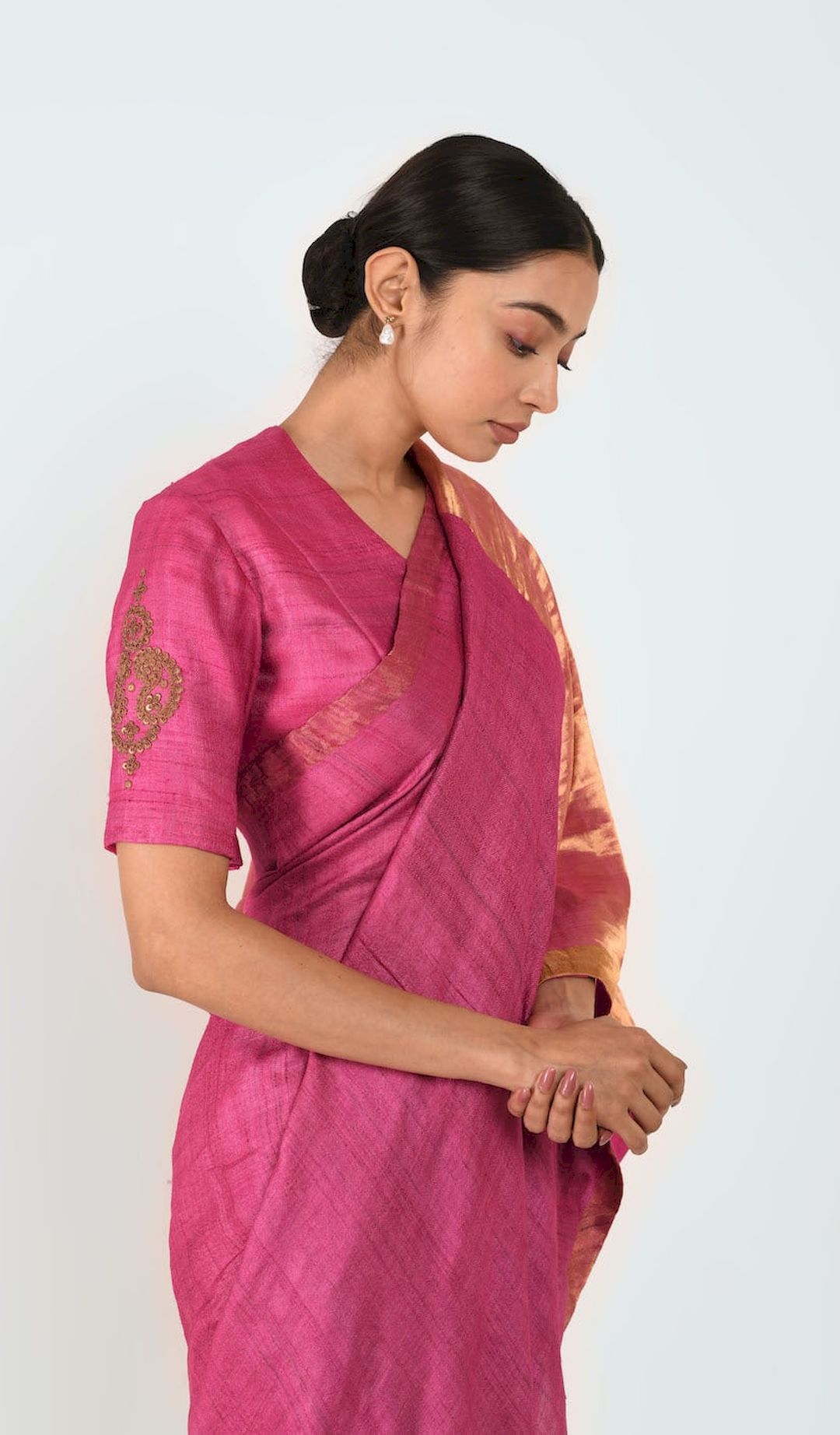 Tussar Silk Sari With Blouse (Rani Pink) - Prashant Chouhan