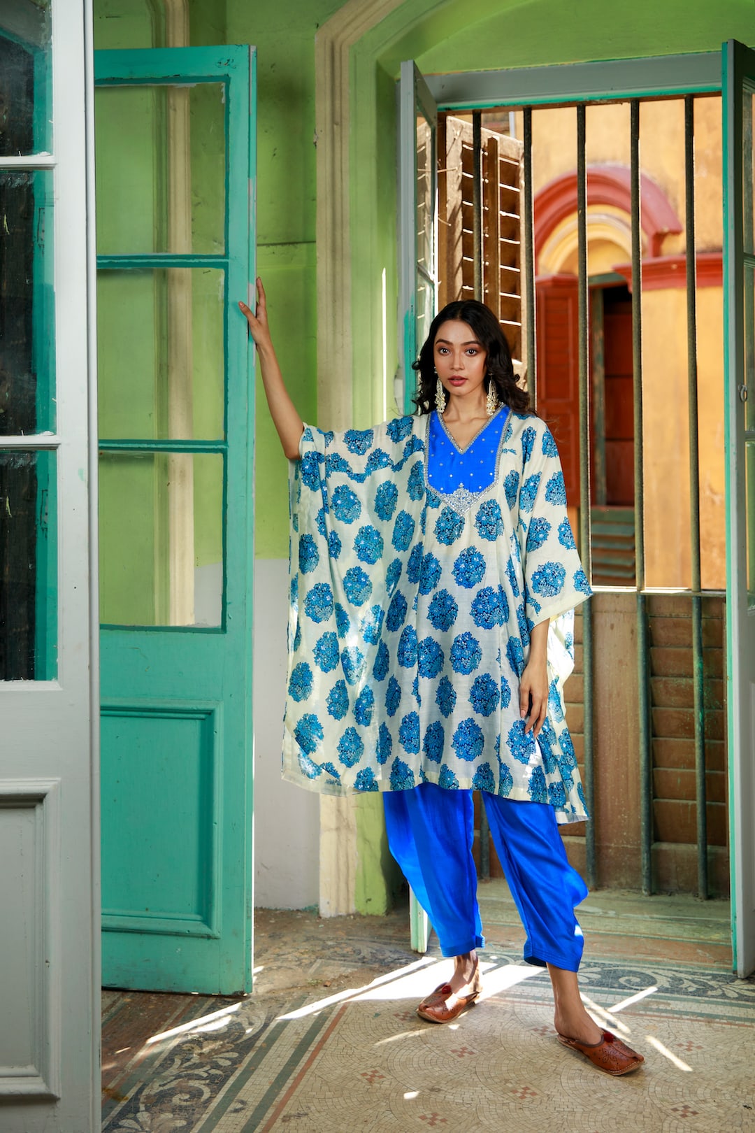 Kaftan With Drape Pants (Blue/White) - Prashant Chouhan
