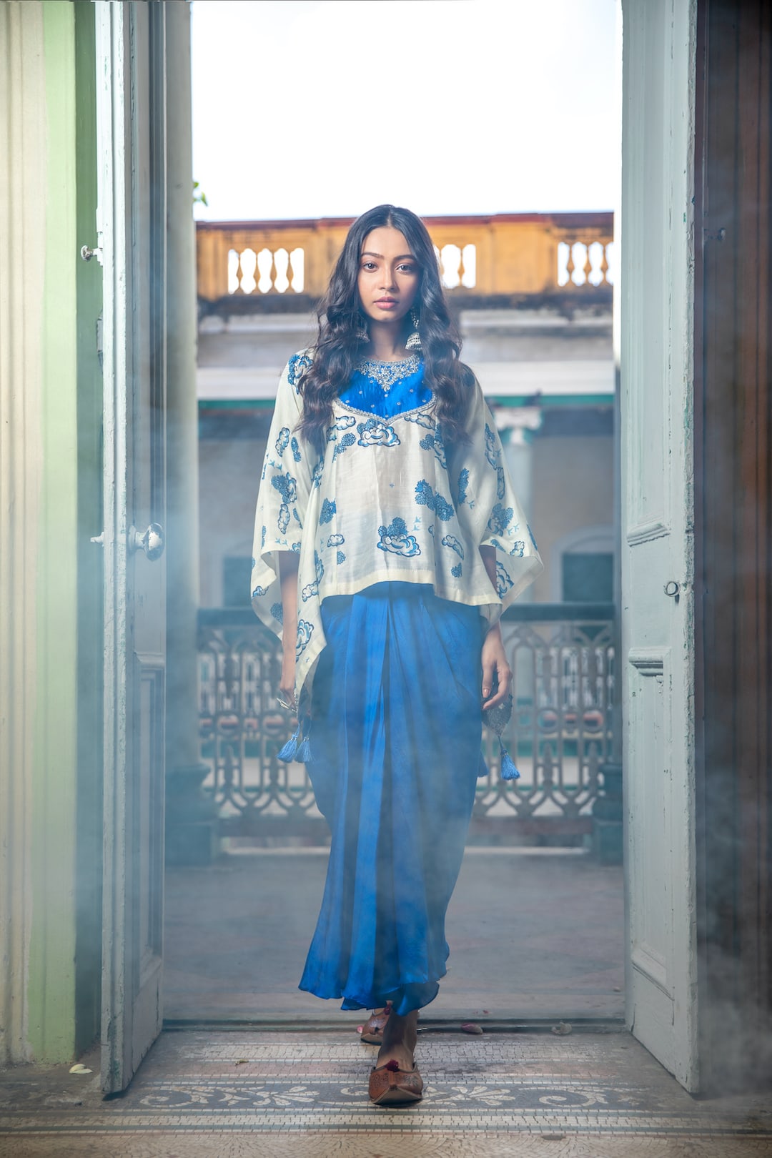 Kaftan With Drape Skirt (Blue/White) - Prashant Chouhan