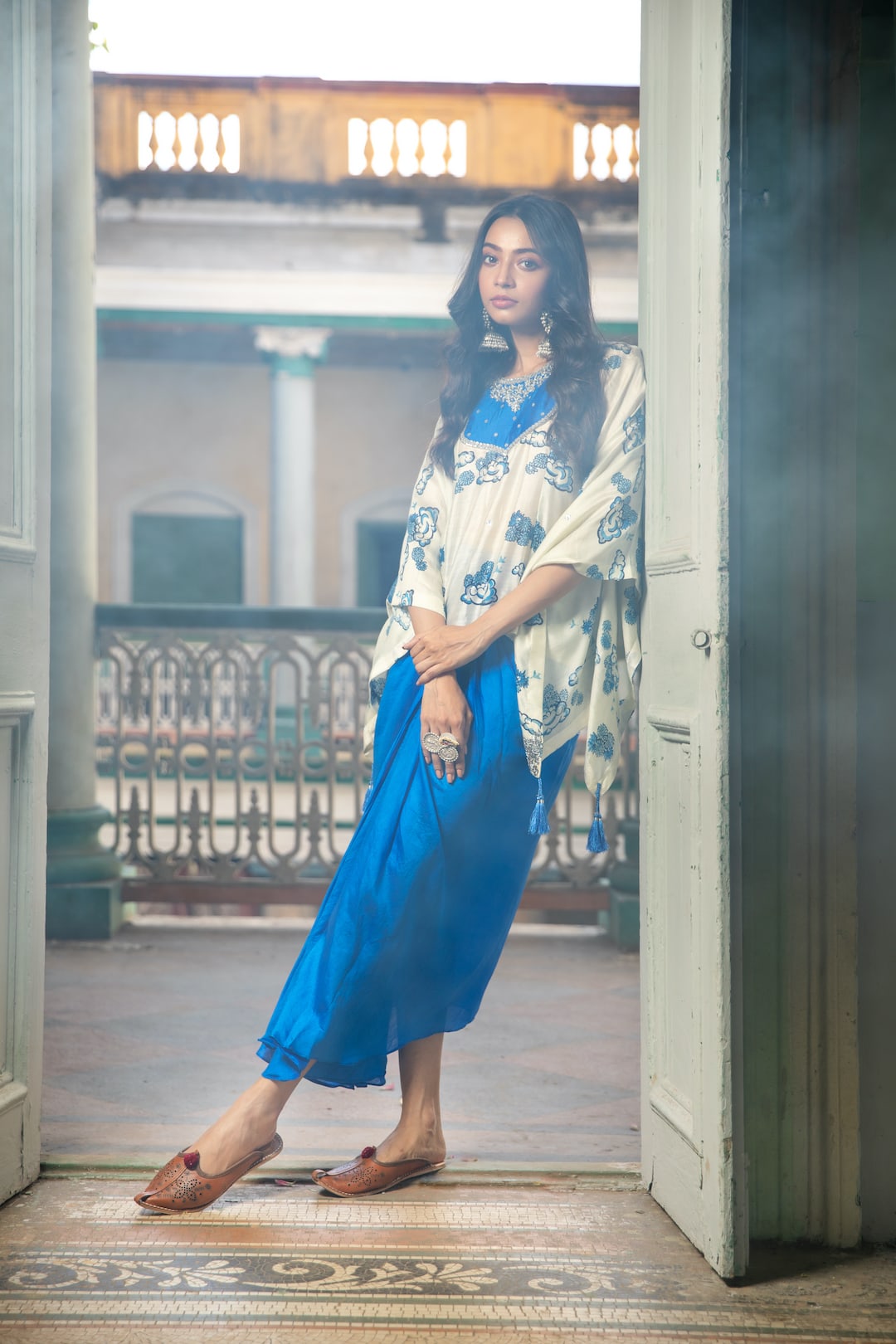 Kaftan With Drape Skirt (Blue/White) - Prashant Chouhan